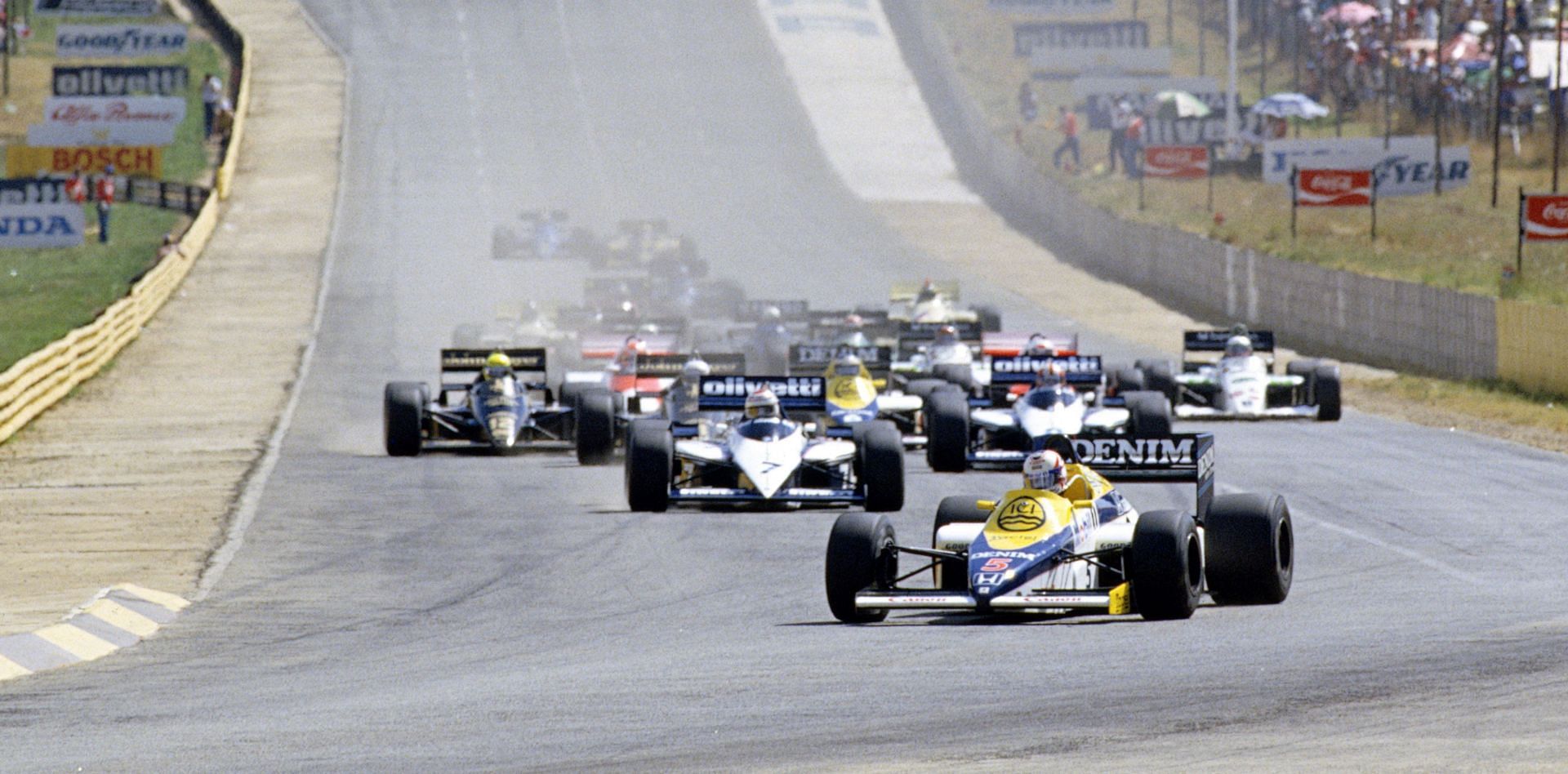 Nigel Mansell leads the field during the 1985 South African Grand Prix, the last F1 race to run on a Saturday, at the Kyalami Grand Prix Circuit in Midrand, South Africa. 