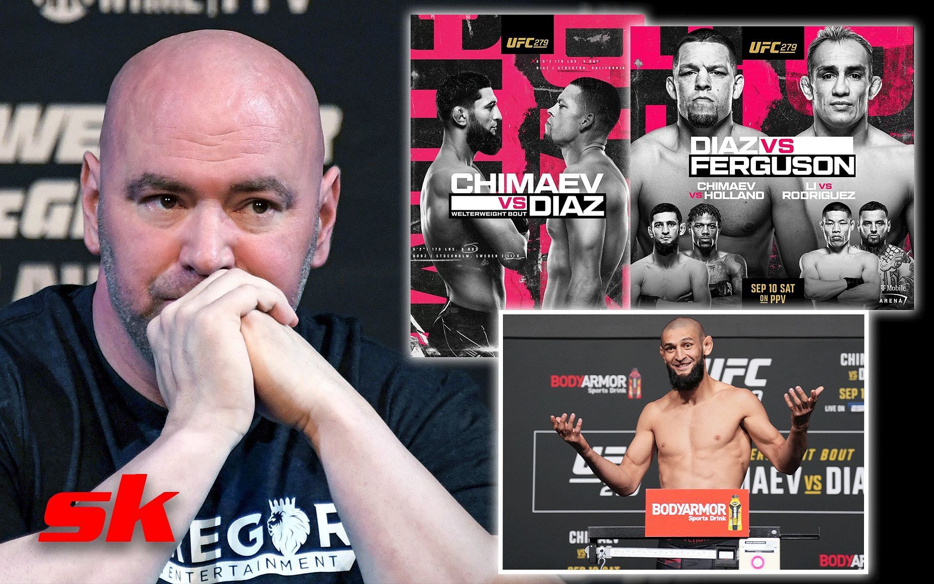 Dana White (Left), and Khamzat Chimaev (Bottom-right) [Image credits:posters via @UFC on Instagram, Chimaev from @mmafighting on Twitter, rest via Getty]