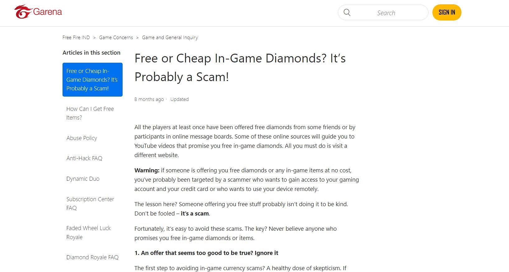 Diamond-related scams are quite prevalent (Image via Garena)