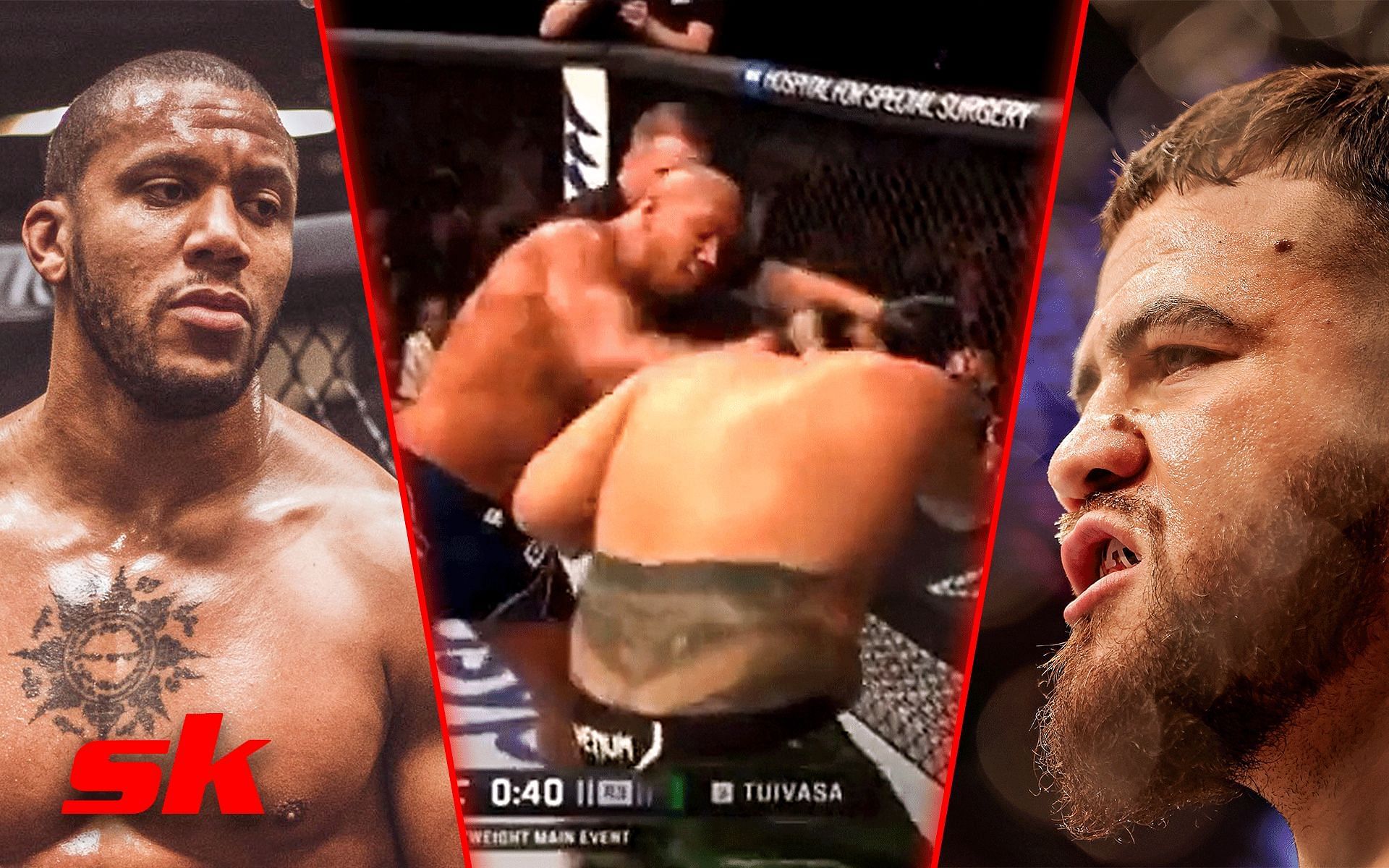 Ciryl Gane (left), UFC Paris main event (center), and Tai Tuivasa (right). [Images courtesy: left from Instagram @Ciryl_Gane, center from Twitter @junior_cigano, right from Getty Images]