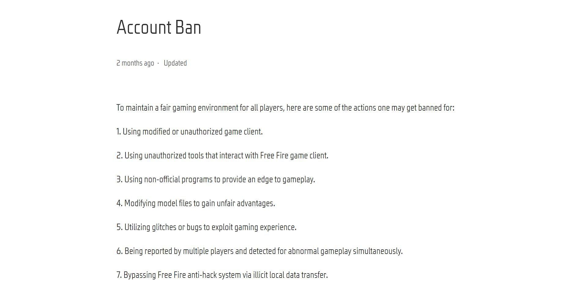 List of reasons which can get players banned (Image via Garena)
