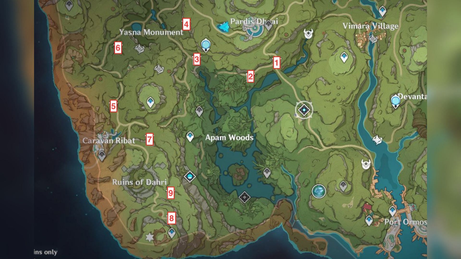 Location of all 1 Mora chests in Sumeru (Image via Genshin Impact)