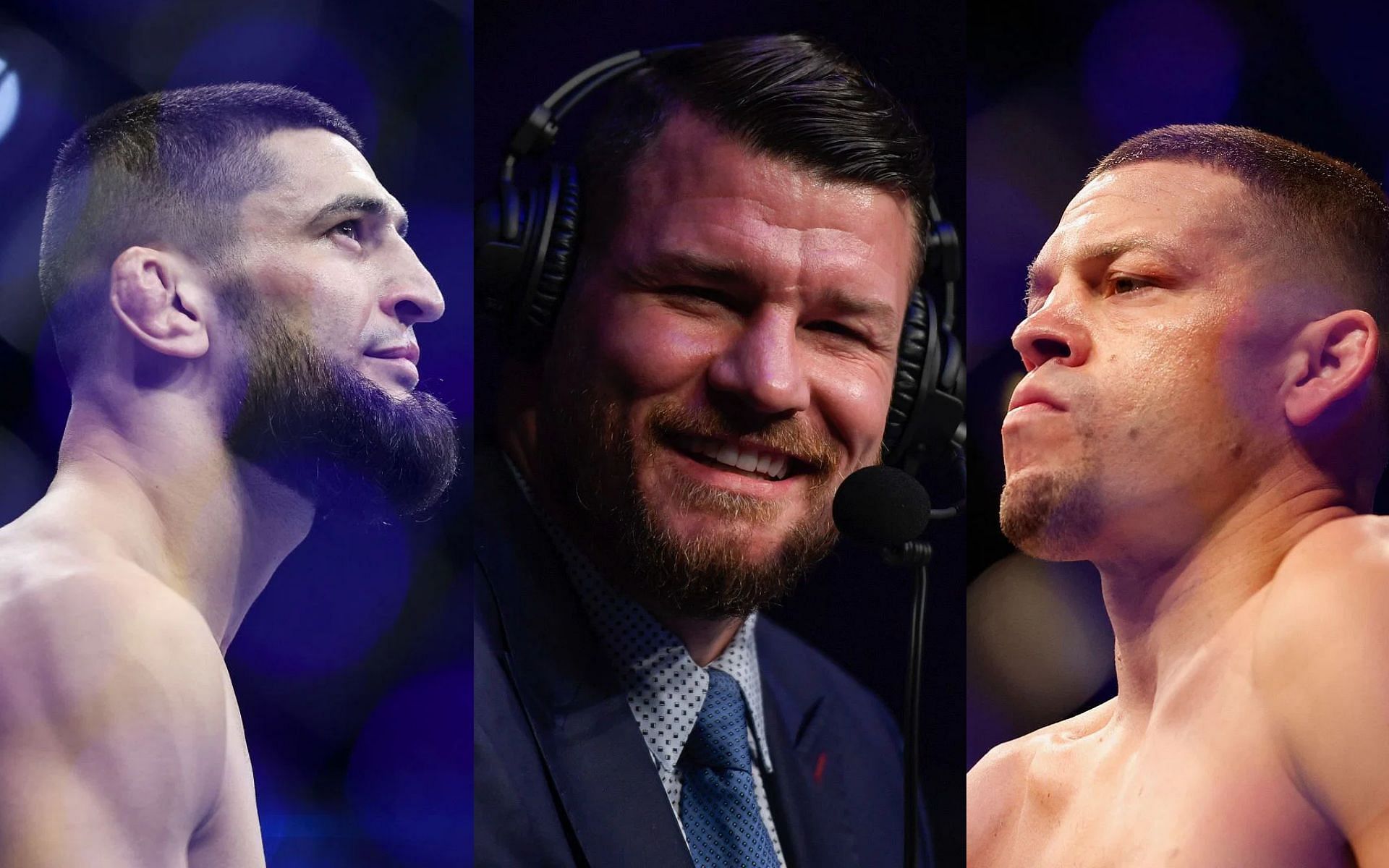 Khamzat Chimaev (left), Michael Bisping (middle) and Nate Diaz (right)