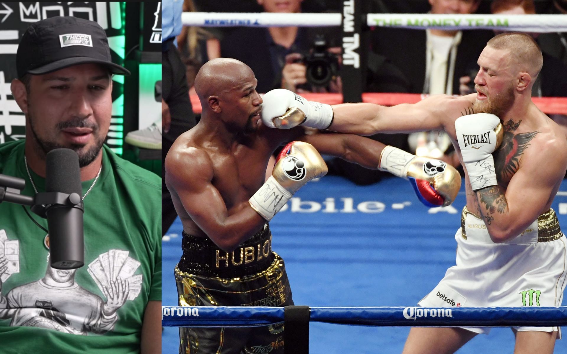 Brendan Schaub (left) and Floyd Mayweather vs. Conor McGregor (right). [Images courtesy: left image from YouTube Thiccc Boy and right image from Getty Images]