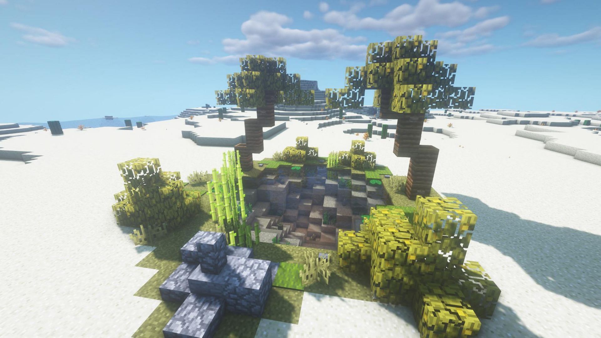 A custom oasis in a desert (Image via Minecraft)