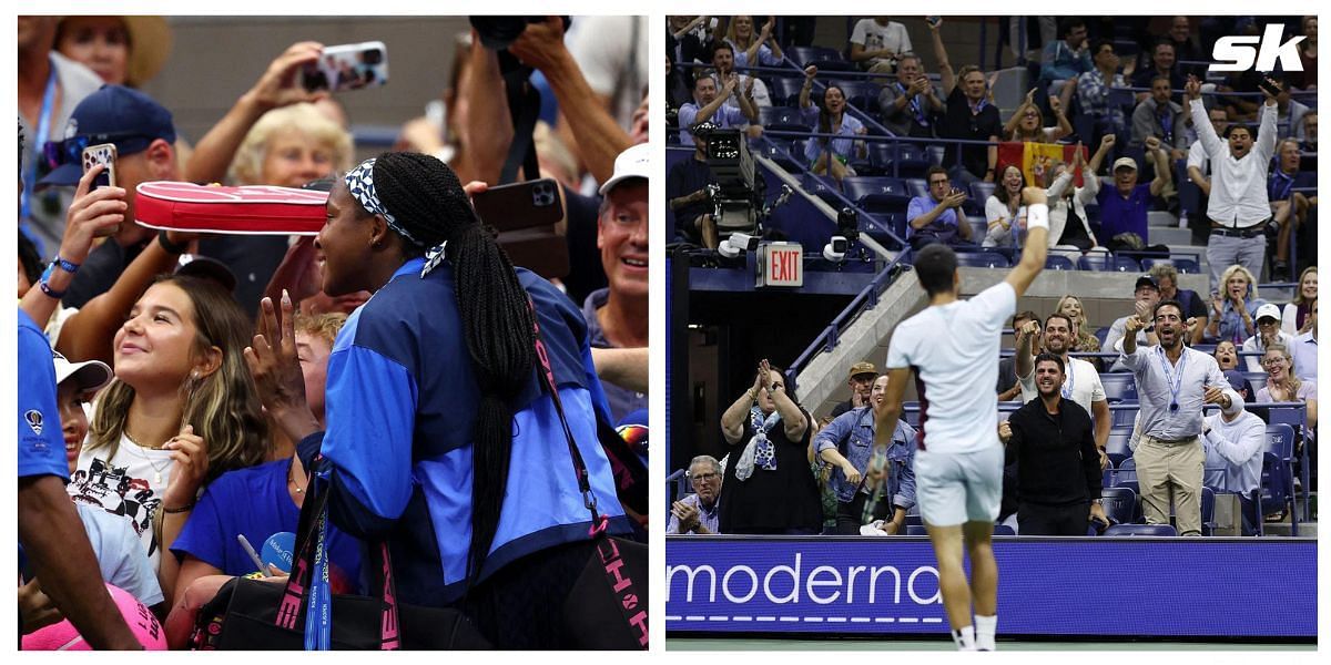 Coco Gauff (L) and Carlos Alcaraz with fans at the 2022 US Open