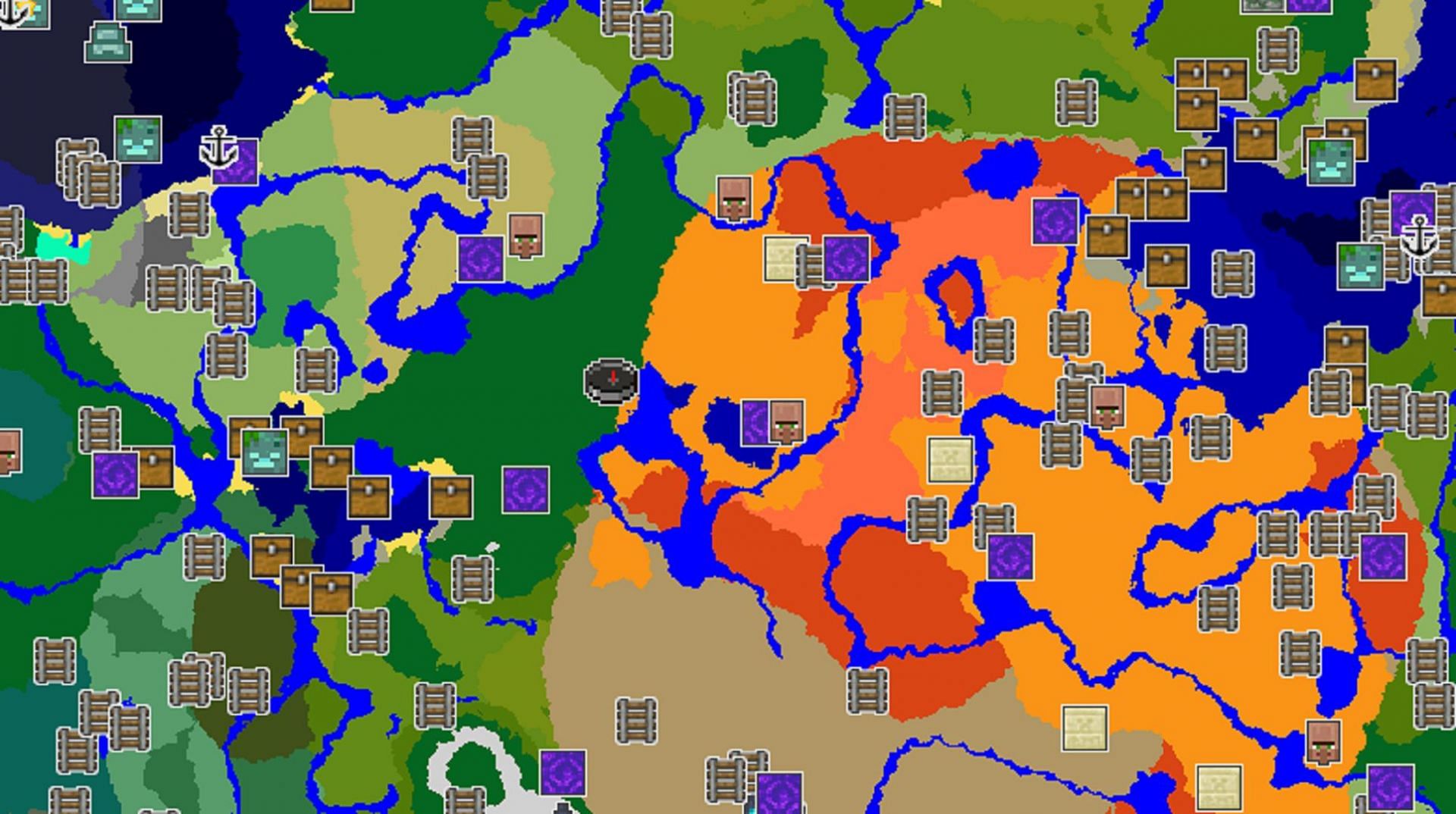 This seed offers good biome diversity as well as multiple villages and other structures (Image via Chunkbase)