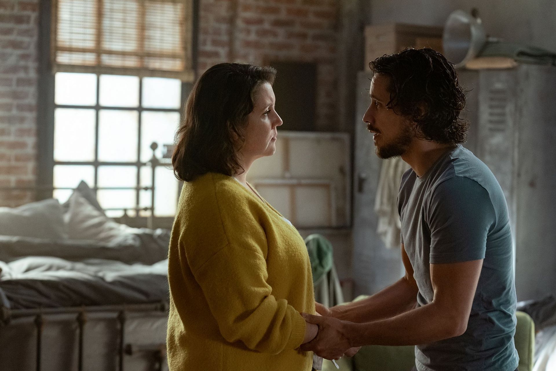 Melanie Lynskey with Peter Gadiot on the set of Yellowjackets (Image via Showtime)