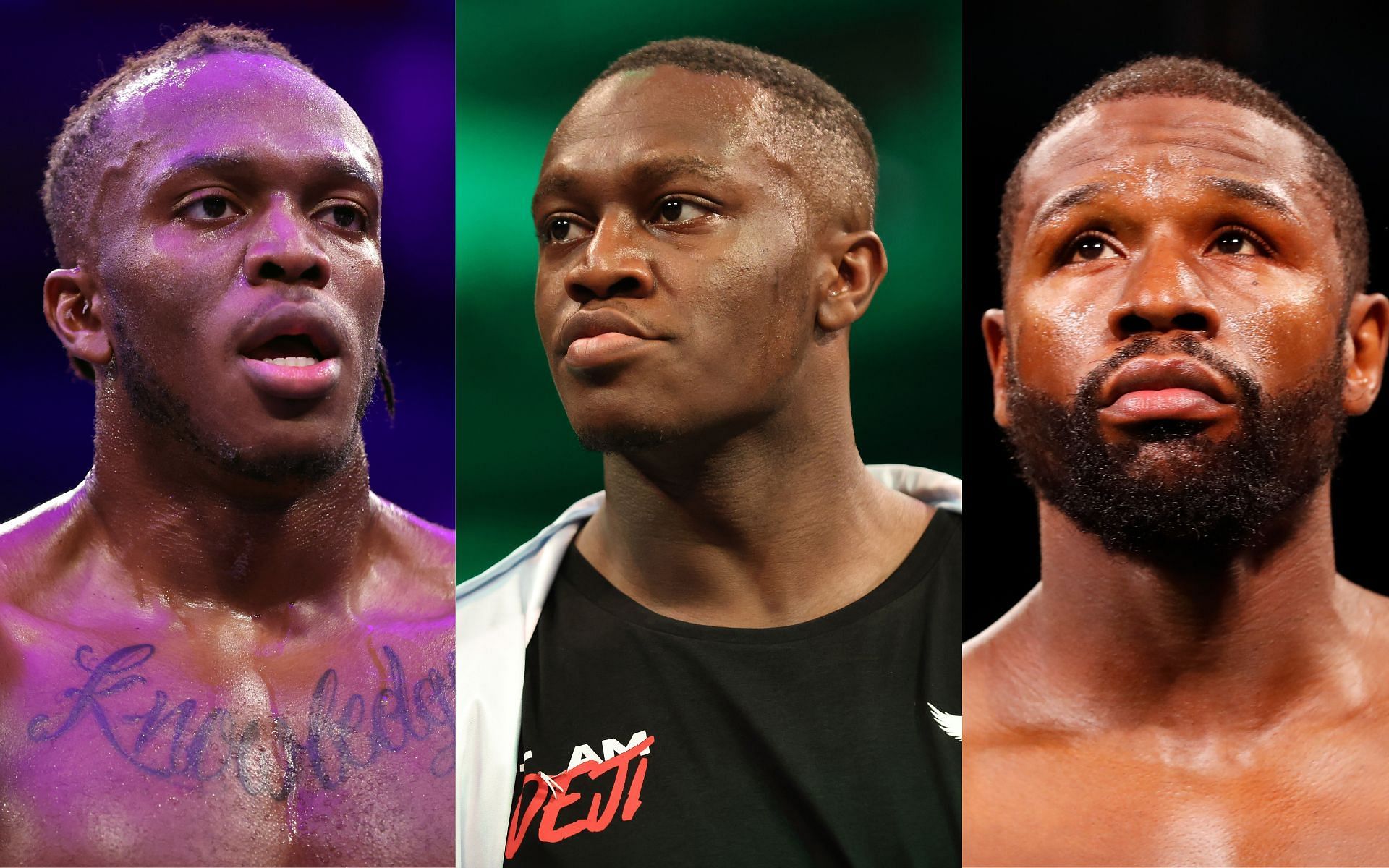 KSI (left), Deji (center), and Floyd Mayweather (right) (Image credits Getty Images)