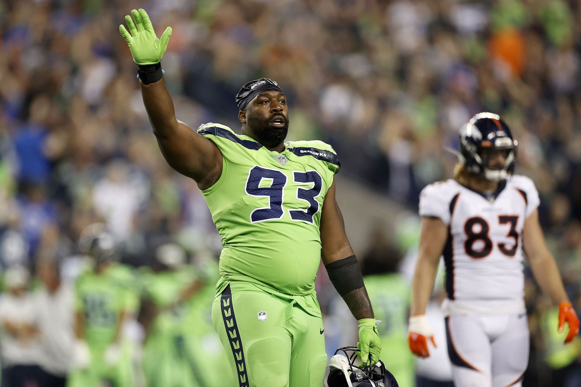 Seahawks' Shelby Harris mocks Russell Wilson trade after win