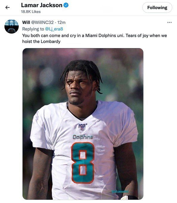 Ravens QB Lamar Jackson likes tweet of himself in Dolphins jersey