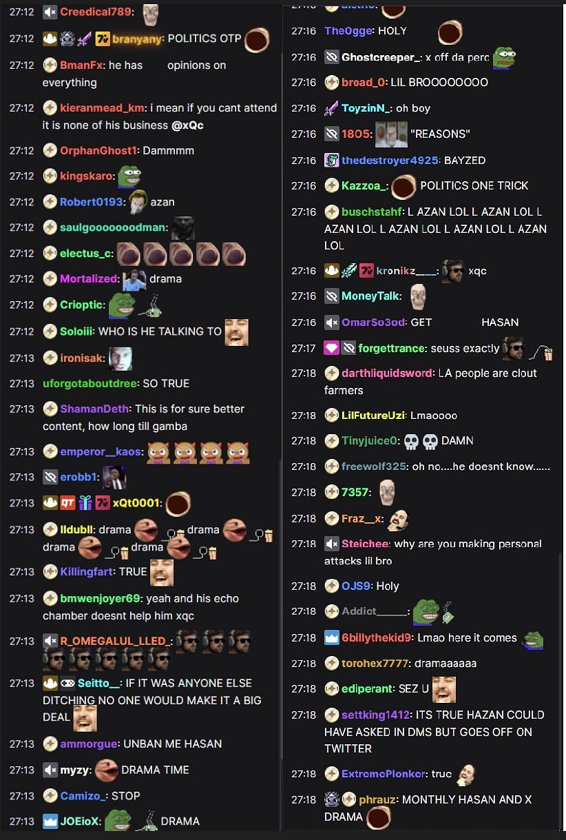 Fans in the Twitch chat reacting to the streamer&#039;s response (Image via Twitch/xQc)