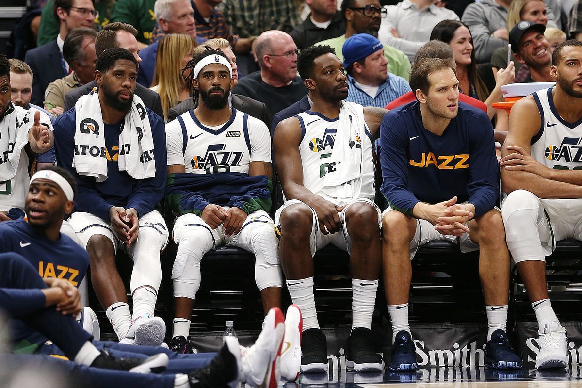 The bench of the Utah Jazz watches the action from the sidelines 