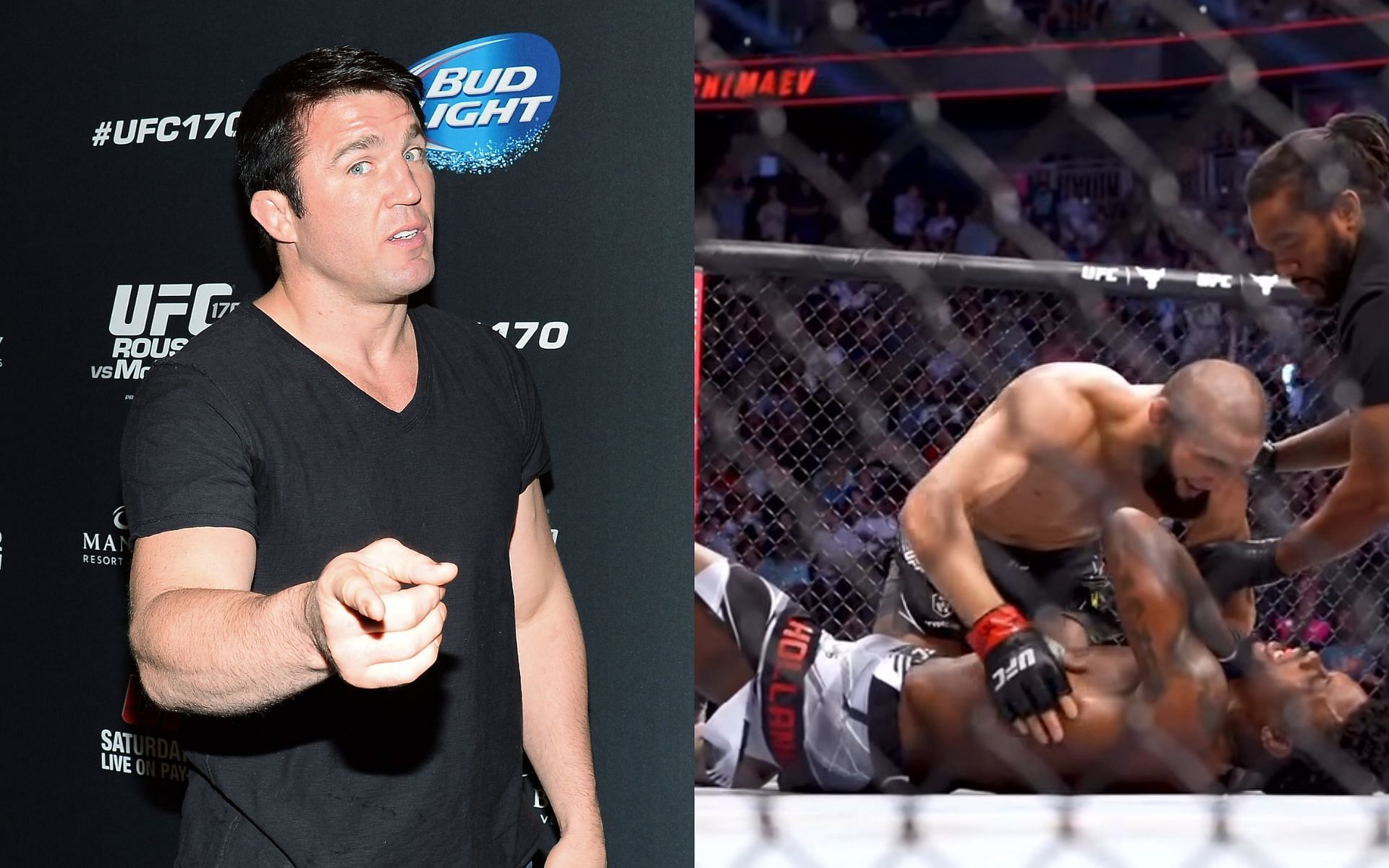 Chael Sonnen (left), Khamzat Chimaev vs. Kevin Holland (right) [Image courtesy: Getty and @ufc on Instagram]