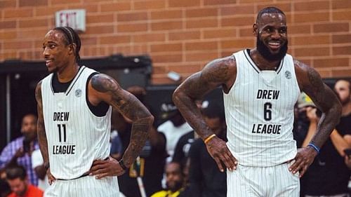 DeMar DeRozan and LeBron James at the Drew League.