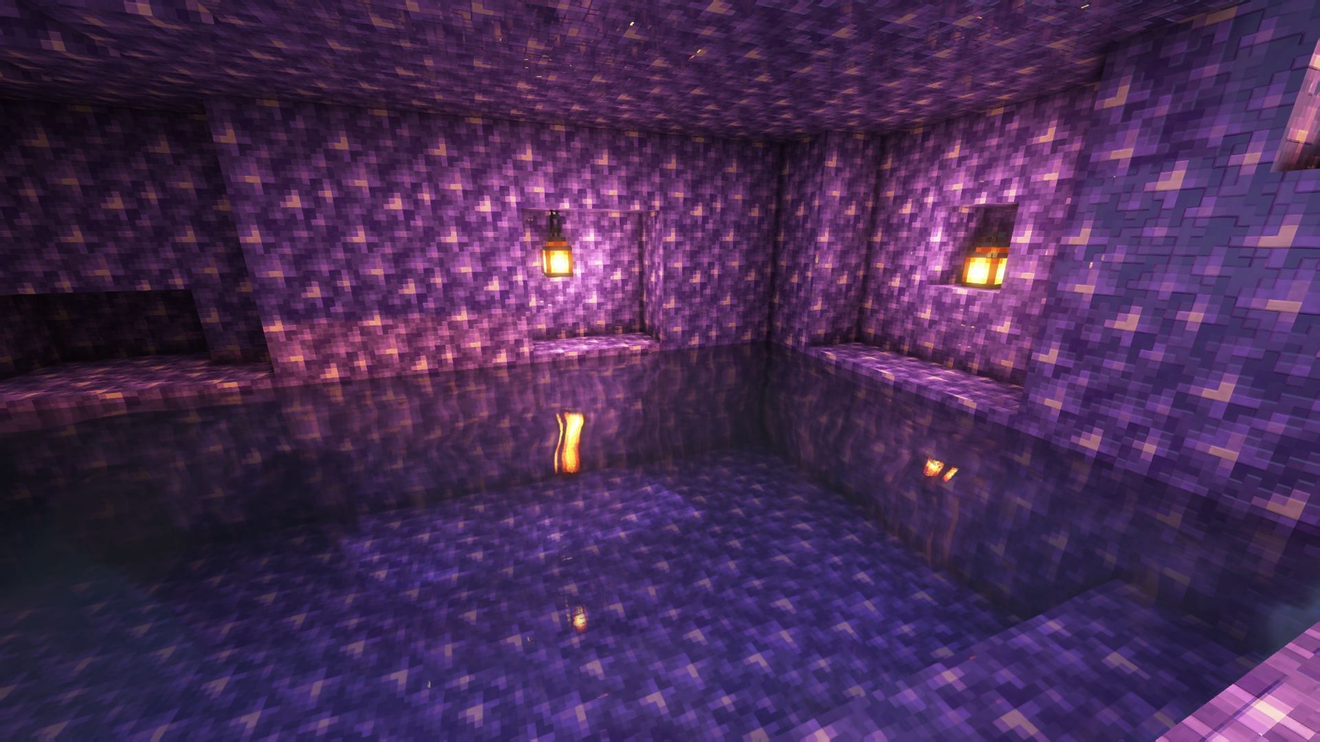 A covered pool designed completely with amethyst blocks in Minecraft (Image via Mojang)
