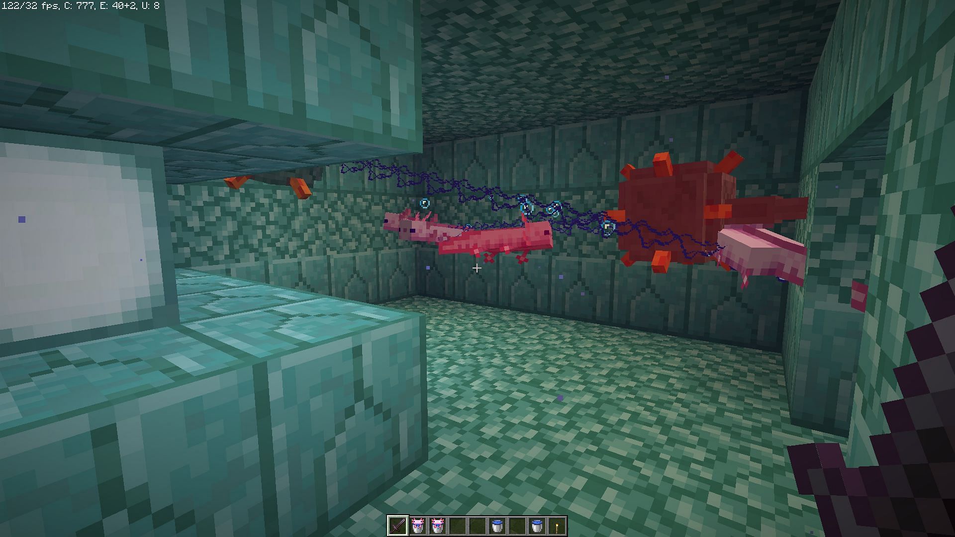 Axolotls attacking Guardians in Minecraft&#039;s Ocean Monument (Image via Mojang)