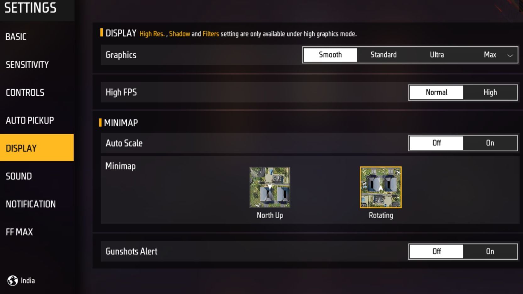 Display settings that one should use in Free Fire MAX to decrease lags (Image via Garena)