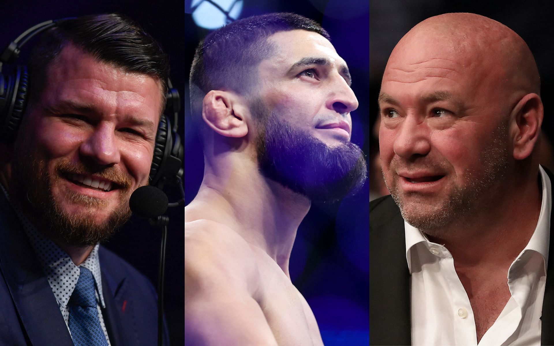 Michael Bisping (Left), Khamzat Chimaev (Middle), and Dana White (Right)