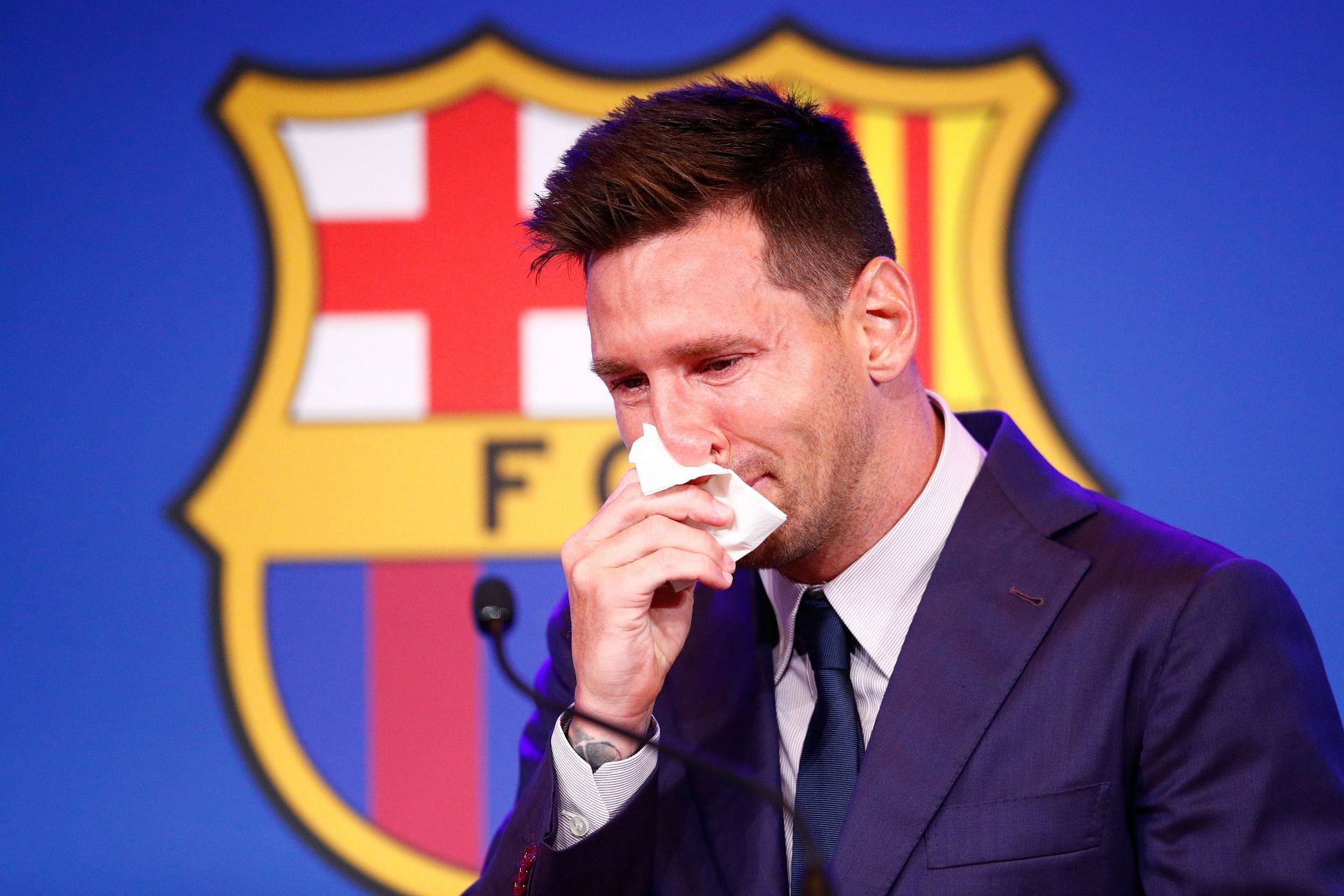 Lionel Messi at his Barcelona farewell last year