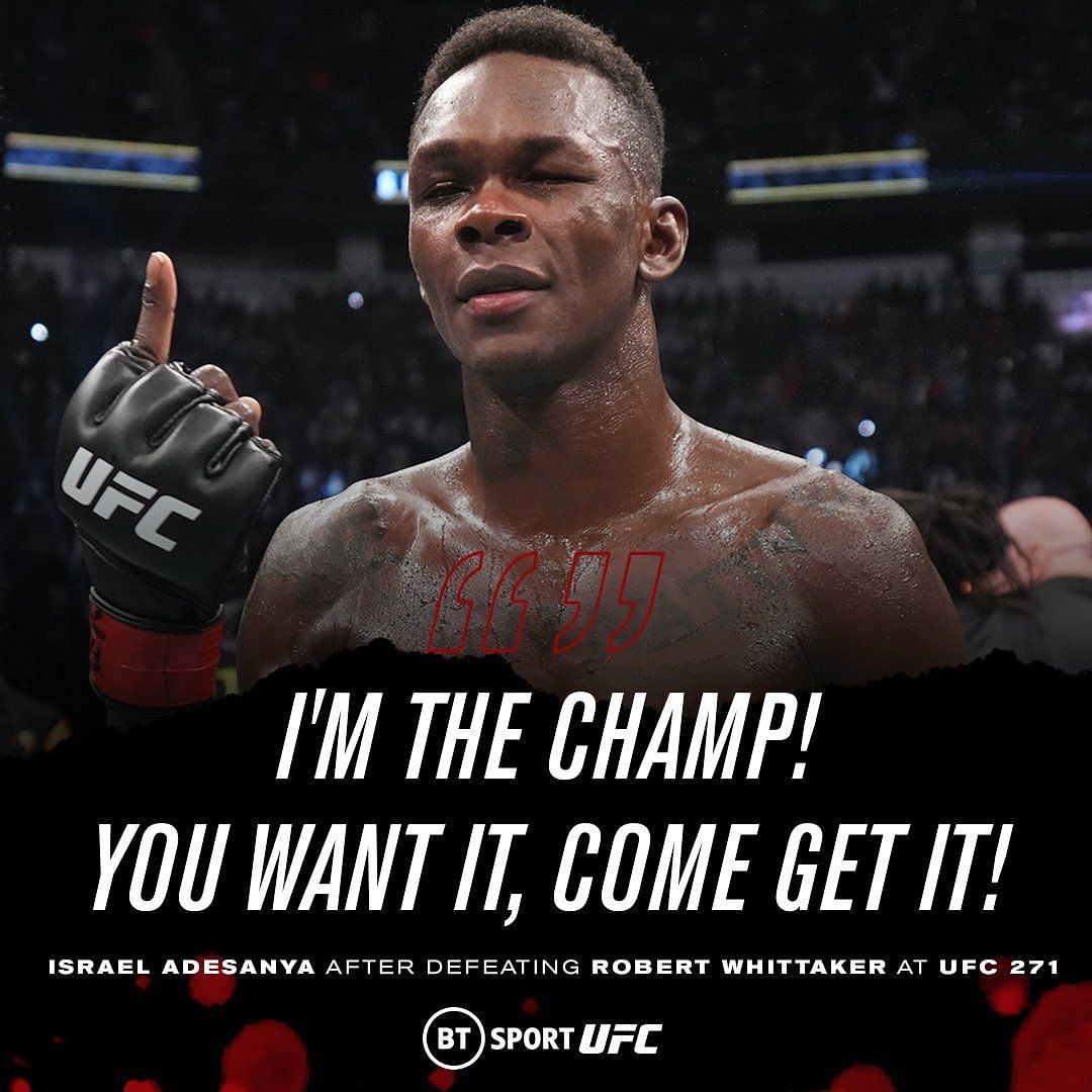 Israel Adesanya is dominant atop the middleweight division [Image via @btsportufc on Twitter]