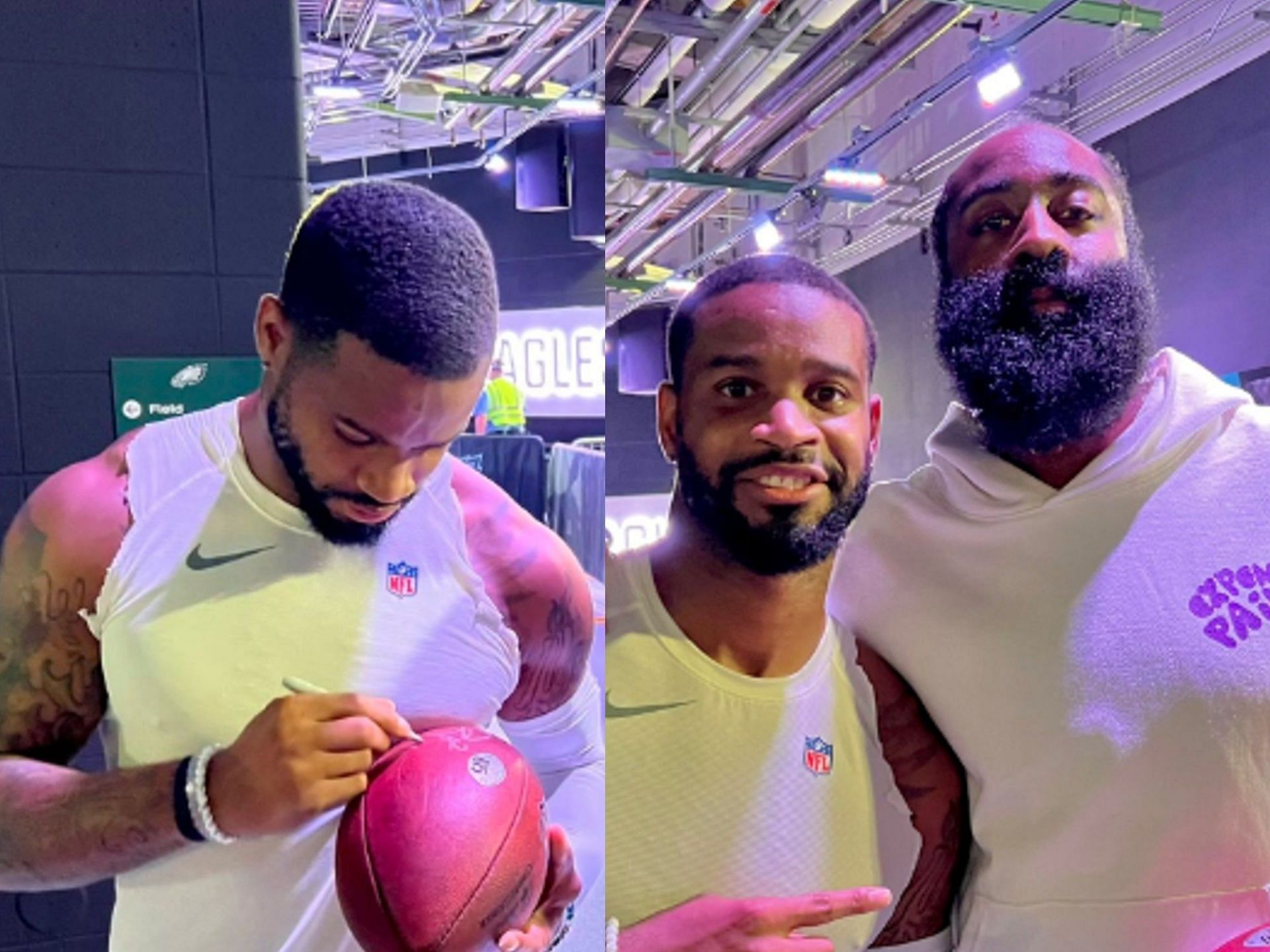 Eagles' Darius Slay gives ball to James Harden while stopping Vikings