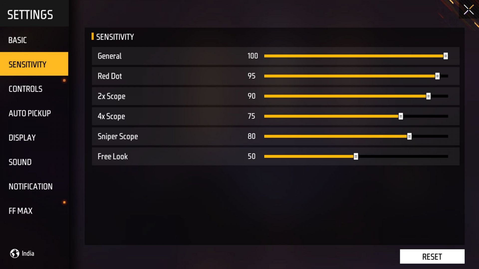 Put the sensitivity settings on the higher ends (Image via Garena)