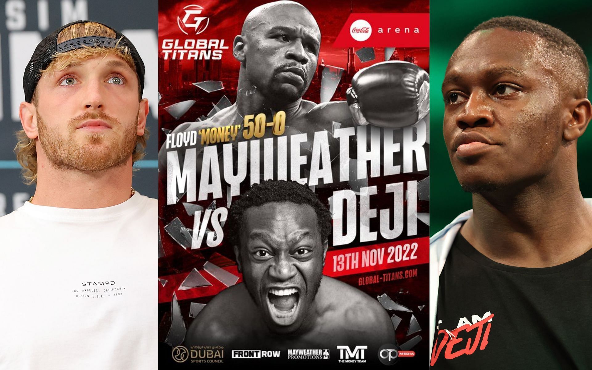 Logan Paul (left), Deji vs. Floyd Mayweather fight announcement poster (center), and Deji (right) (Image credits Getty Images and @deji on Twitter)