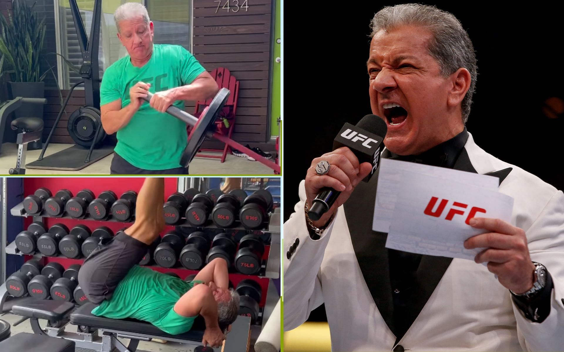 Bruce Buffer working out (Top and Bottom Left), Buffer announcing (Right) [Image courtesy: @brucebufferufc Instagram and Getty Images]