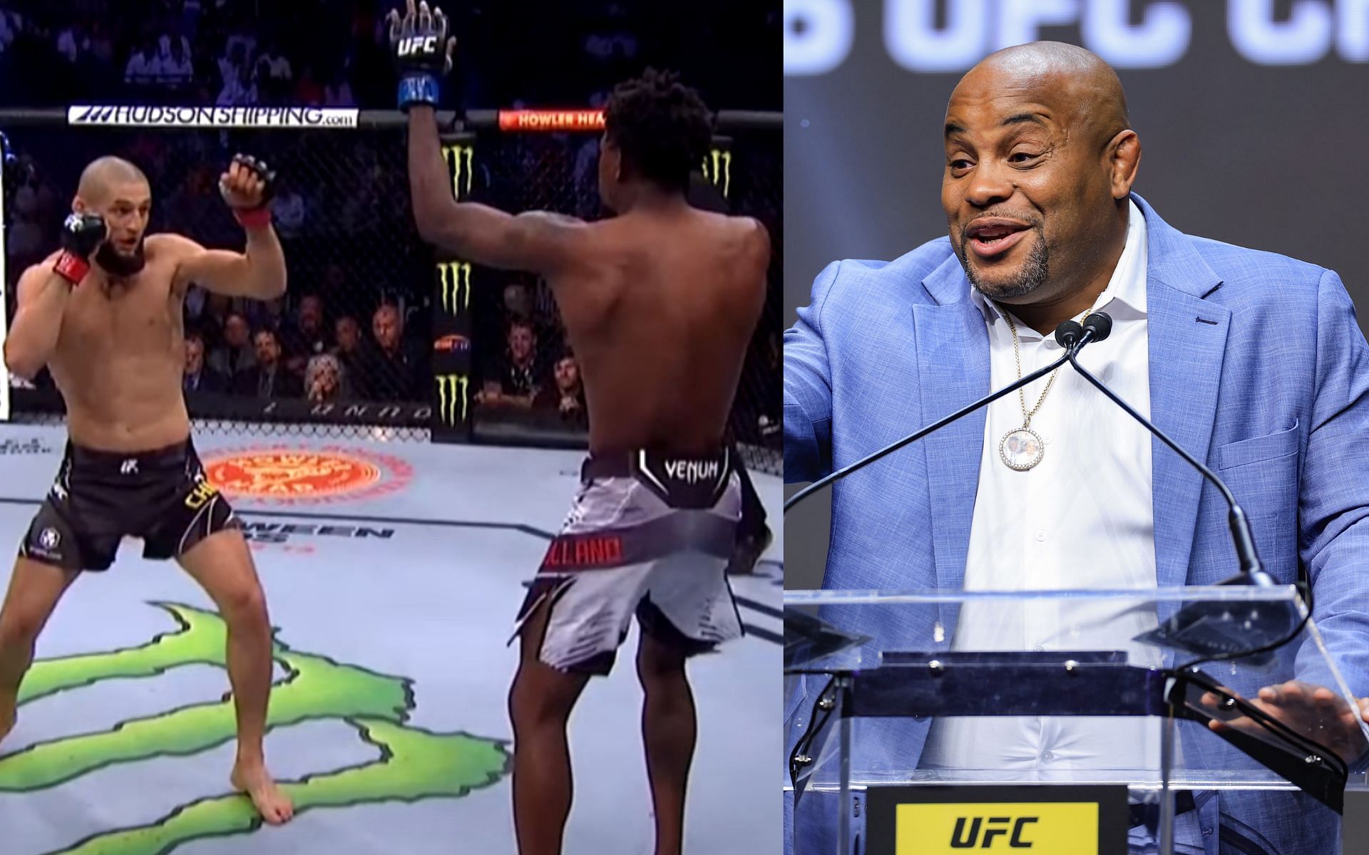 Chimaev vs. Holland (Left), Daniel Cormier (Right) [Image courtesy: MMA World YouTube channel via UFC and Getty Images]