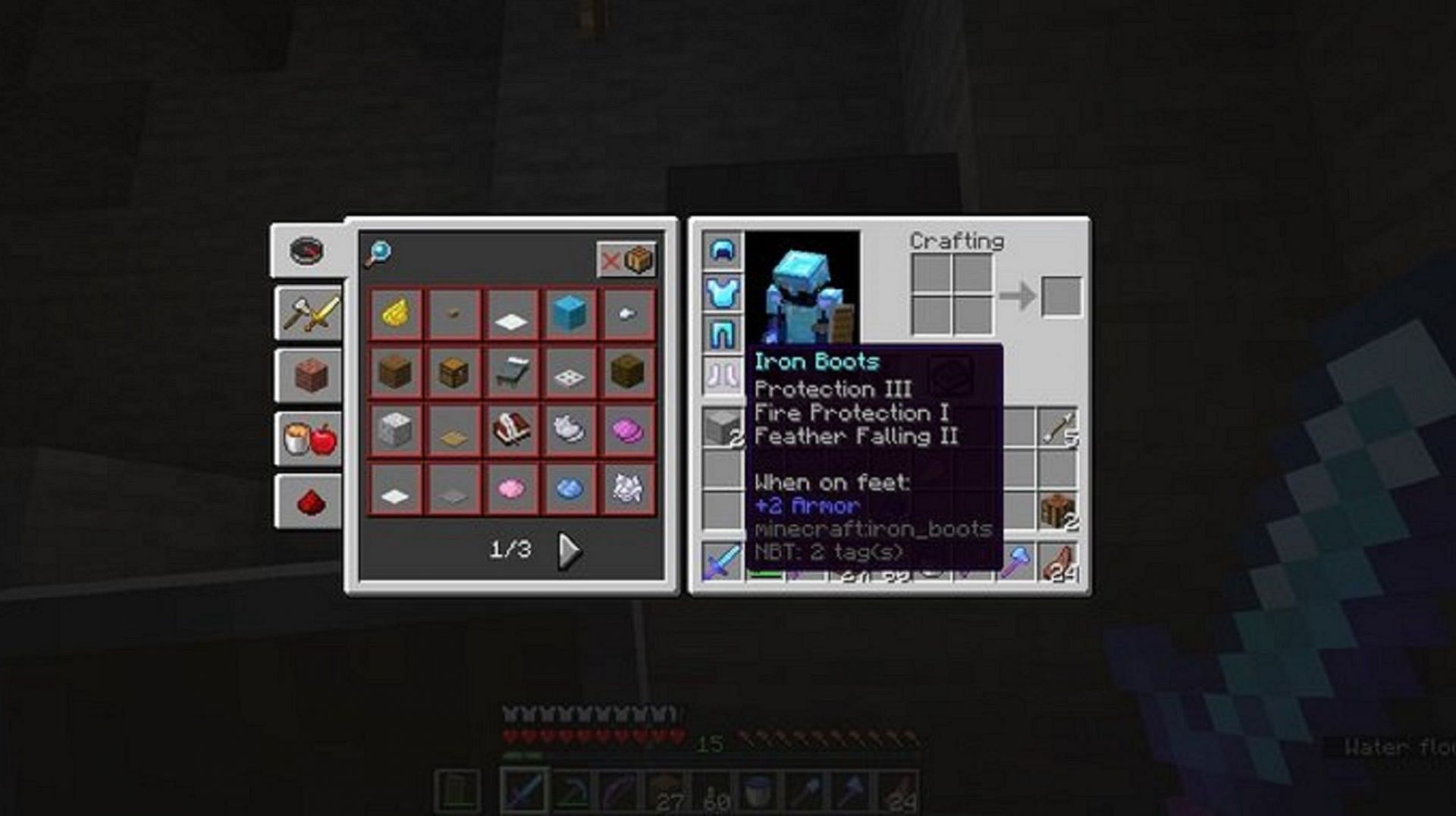 A player checks their boots which are enchanted with Protection III (Image via Mojang)