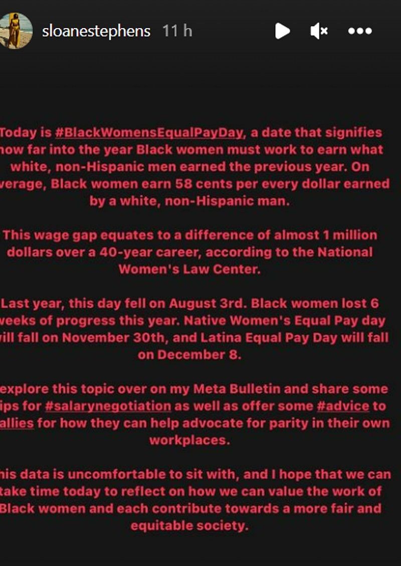 Sloane Stephens&#039; Instagram post on Black Women&#039;s Equal Pay Day