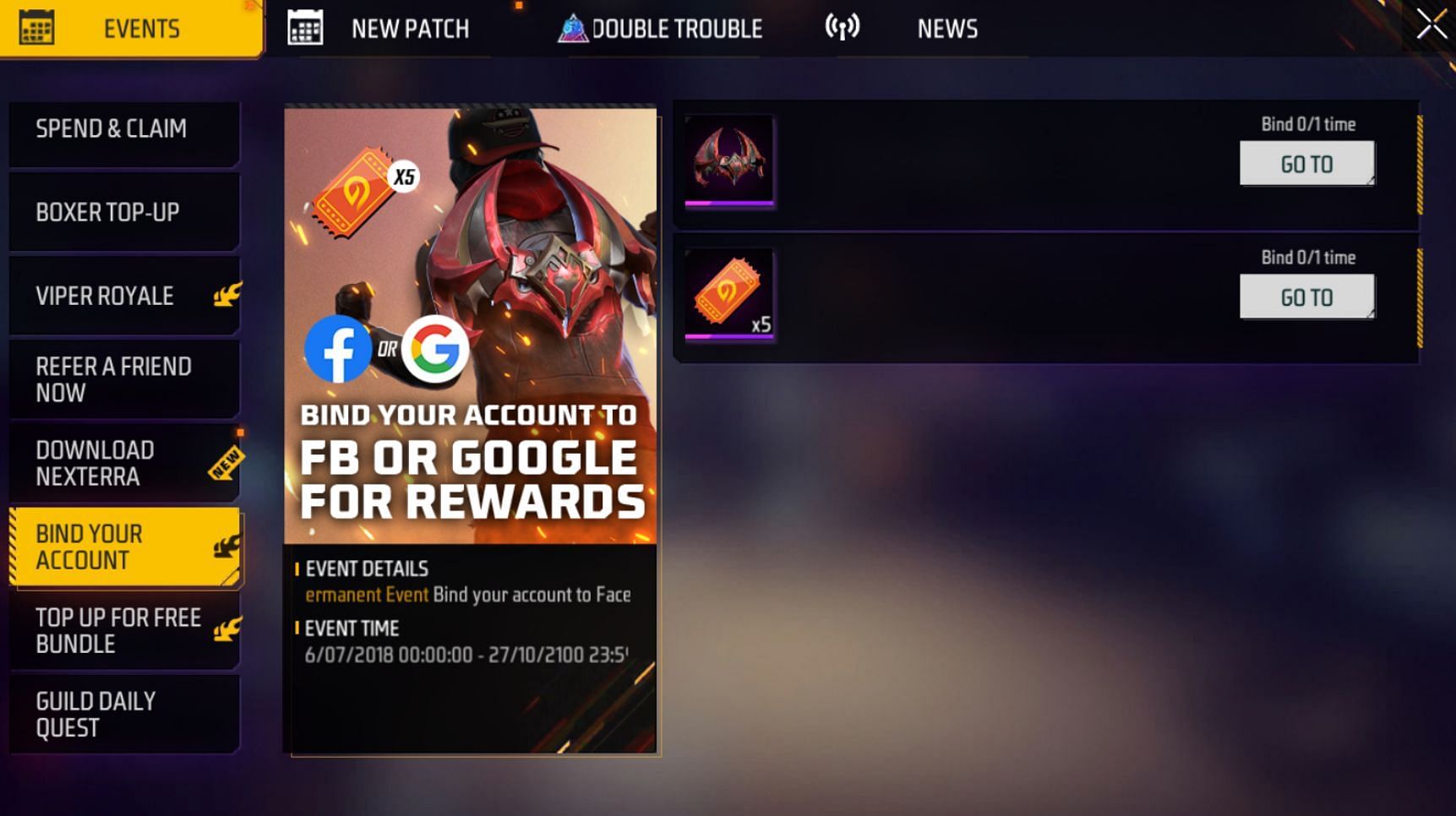 Bind your account to Google or Facebook to attain free rewards (Image via Garena)