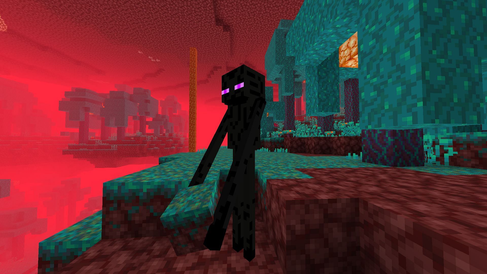 Enderman picking up a block in the Nether in Minecraft (Image via Mojang)