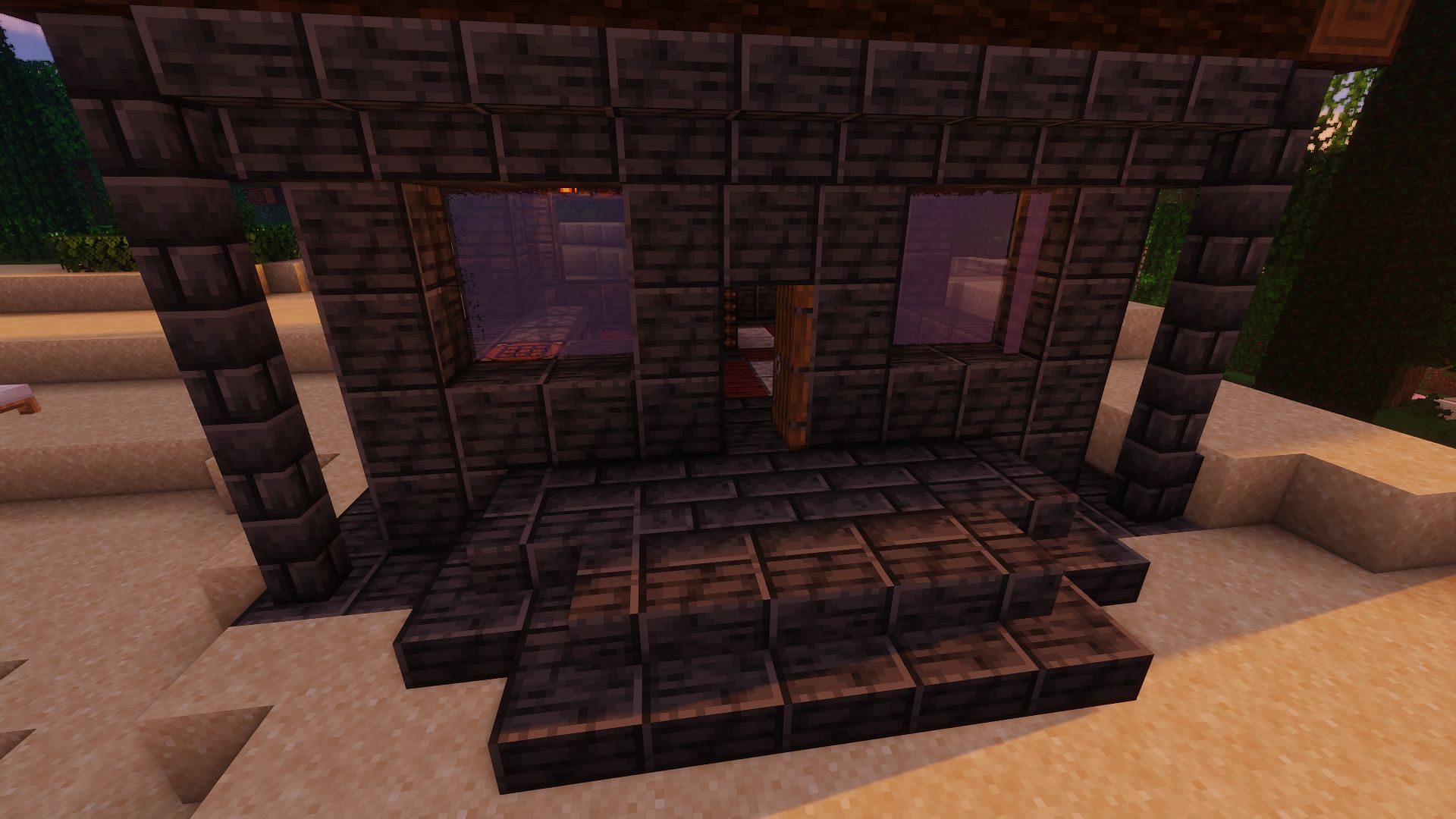 Stairs as a porch as underneath the roof&#039;s overhang (Image via Minecraft)