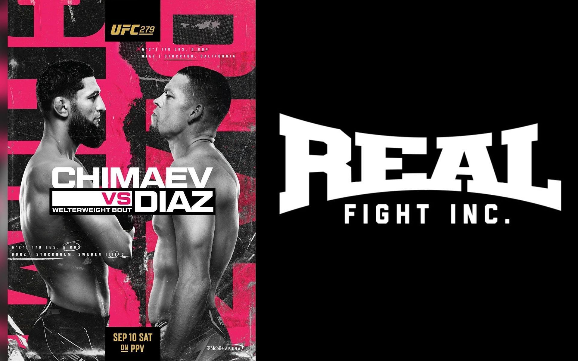 Khamzat Chimaev vs Nate Diaz (Left) Real Fight Inc. (Right) [ Images via @ufc on Instagram and @arielhelwani on Twitter]