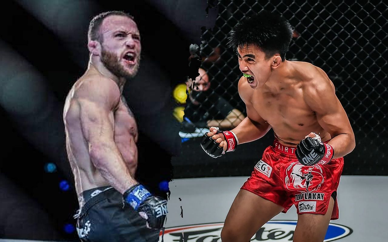 (left) Jarred Brooks aims for (right) Joshua Pacio