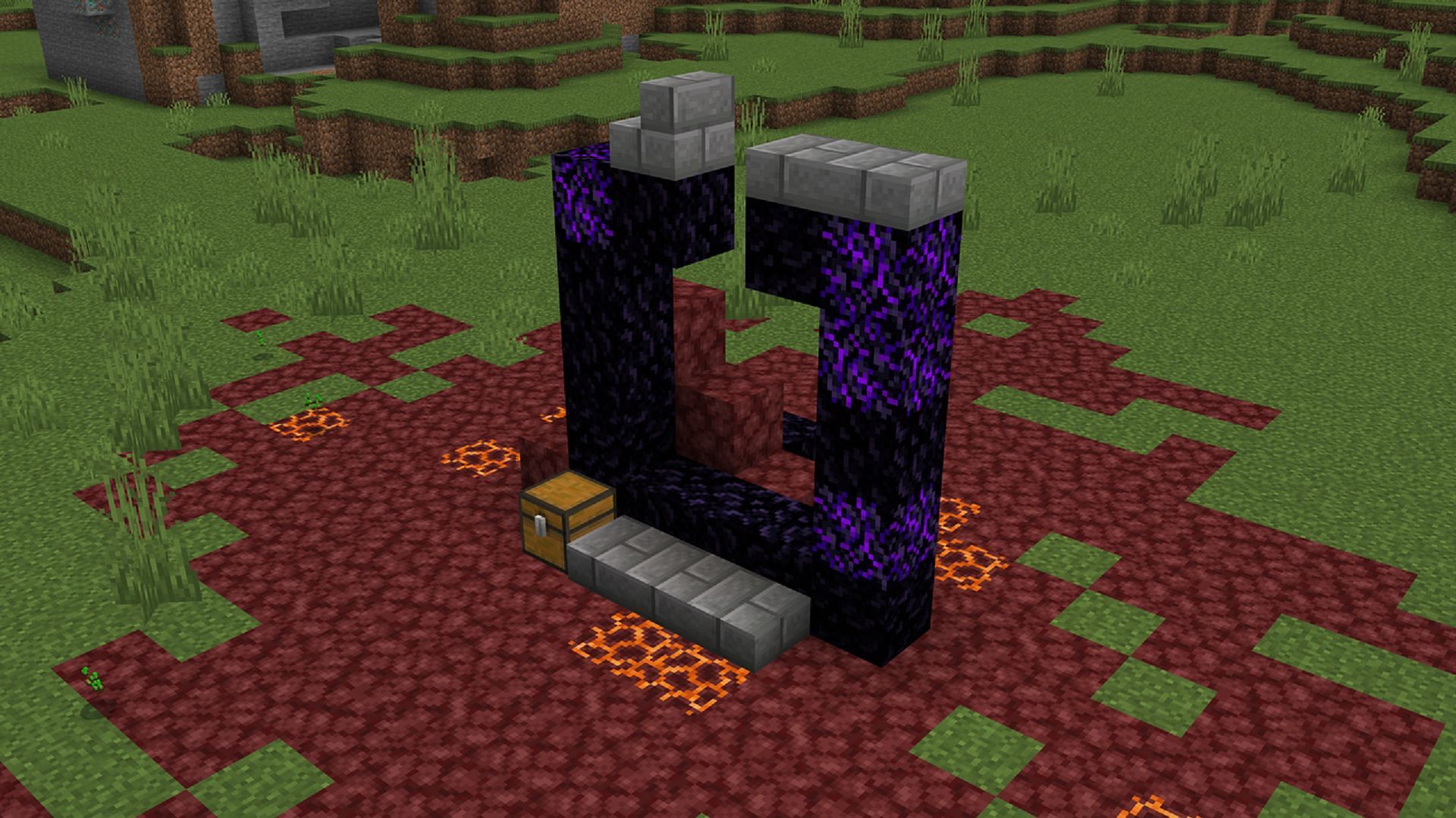 A ruined portal, made up of regular and crying obsidian (Image via Minecraft)