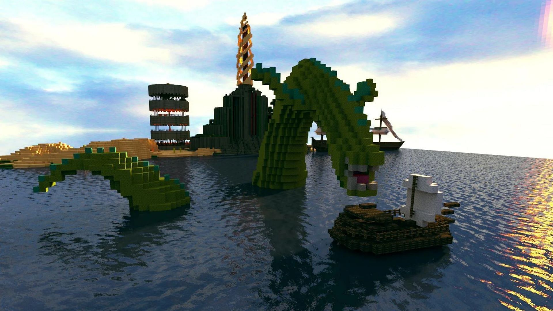 An underwater sea monster can be built in Minecraft (Image via Reddit/u/Grandmeister)