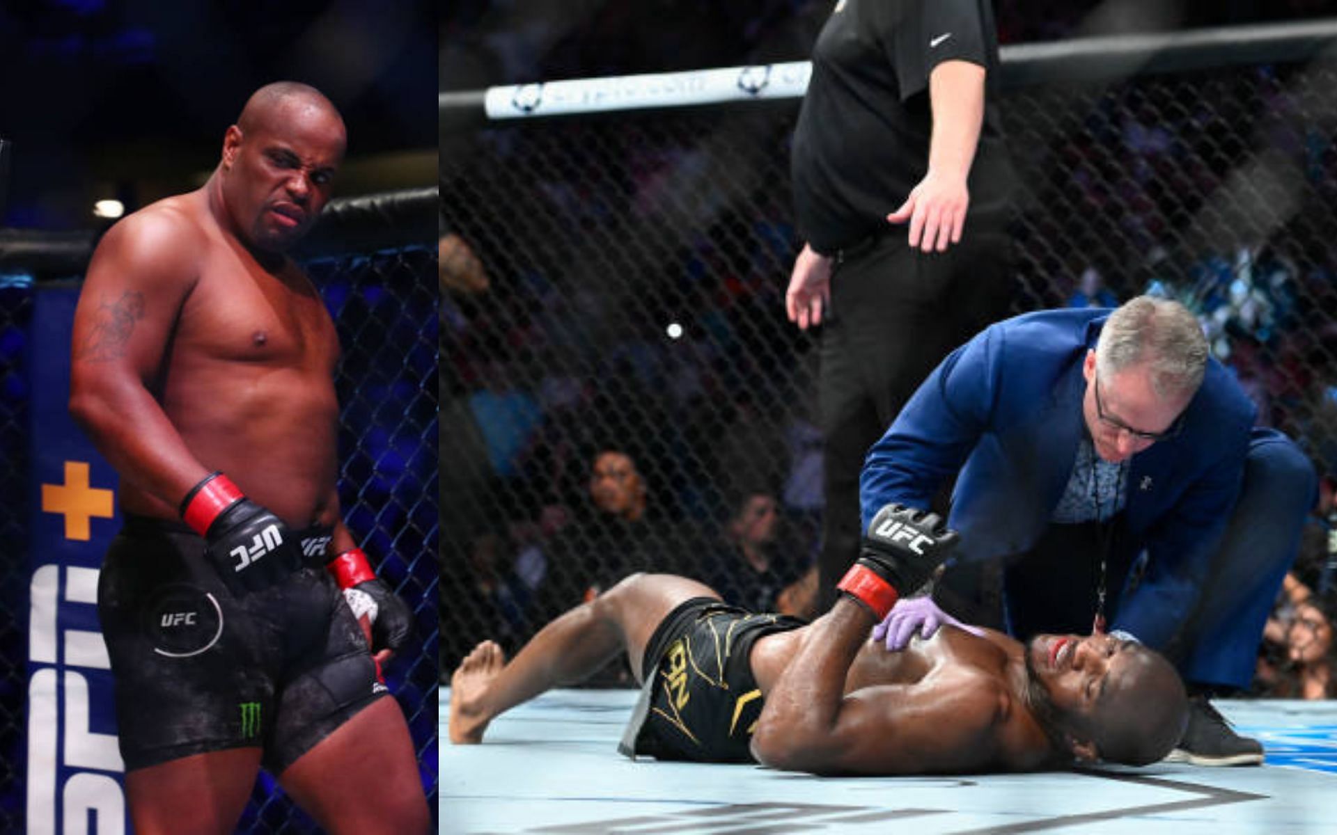 Daniel Cormier (left); Kamaru Usman after being knocked out (right)
