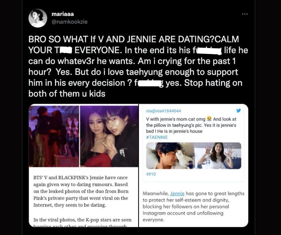 K-pop fans were divided in their opinions about the speculations of V and Jennie dating (Image via Twitter @ namkookzie)