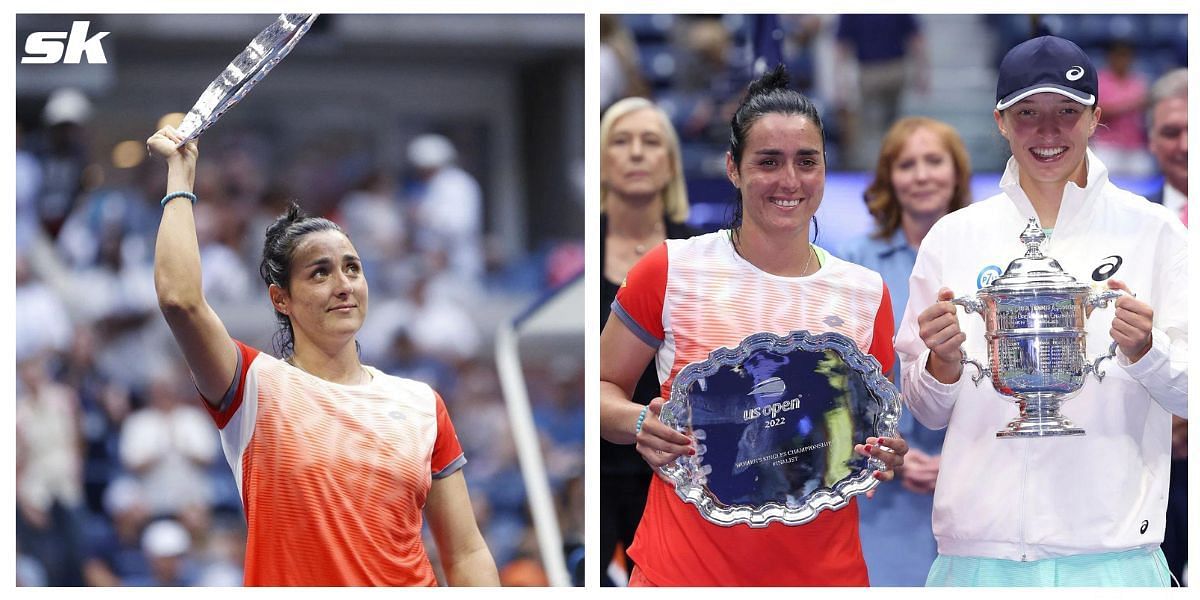 Ons Jabeur and Iga Swiatek with their respective trophies at the 2022 US Open