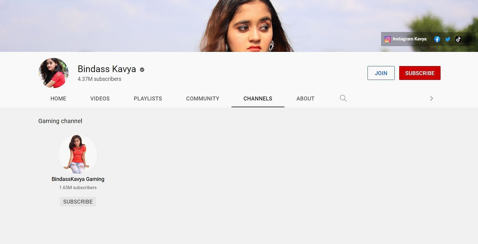 Kavya Yadav&#039;s YouTube channels (Image via YouTube/Bindass Kavya)