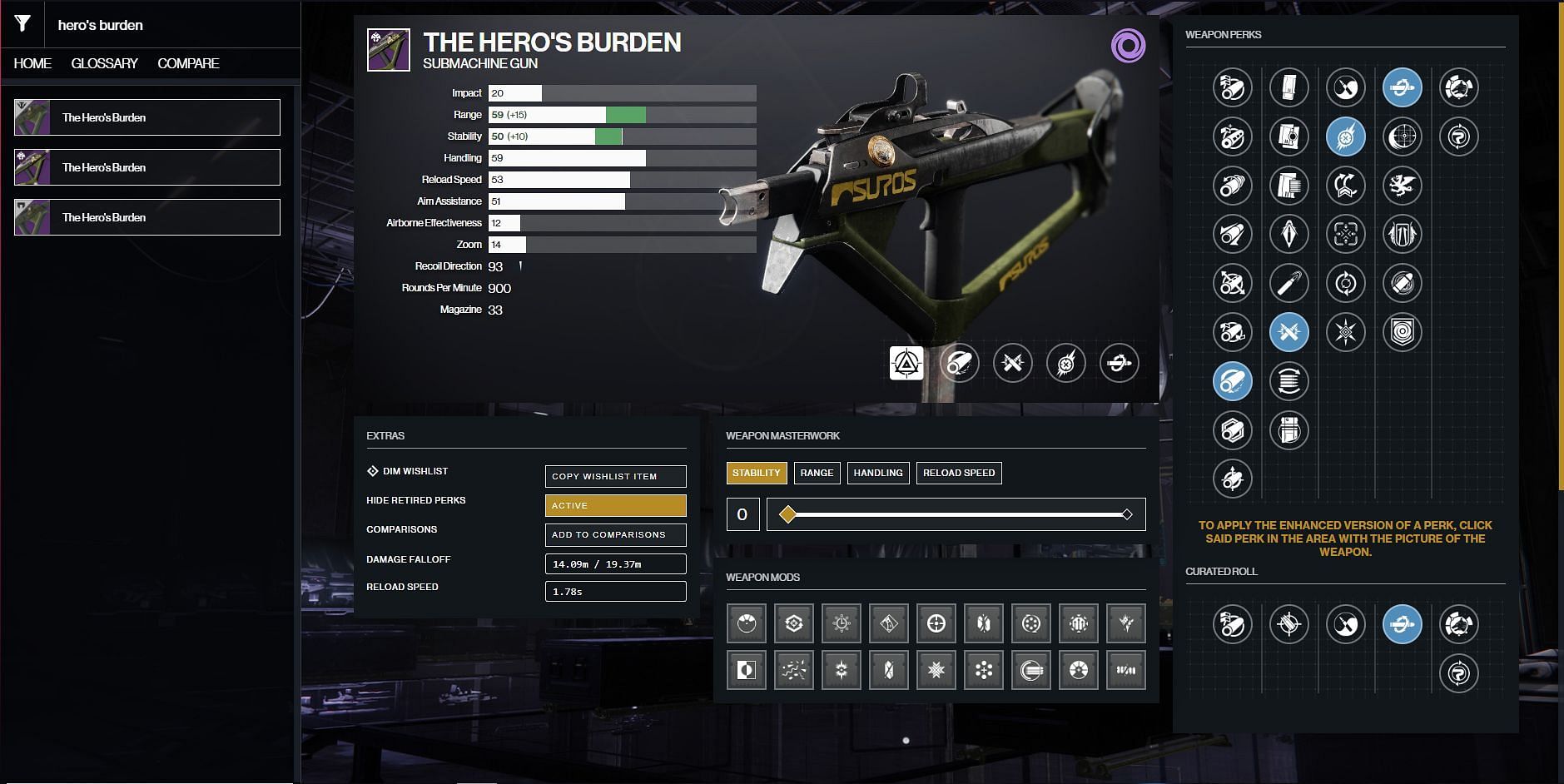 The Hero&#039;s Burden SMG PvP god roll (Image via Destiny 2 Gunsmith)