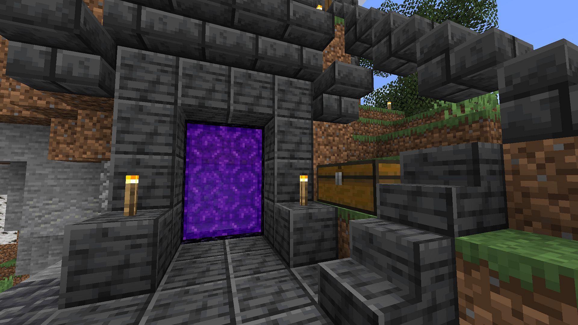 Nether portal area near the base to easily access Nether in Minecraft (Image via Mojang)