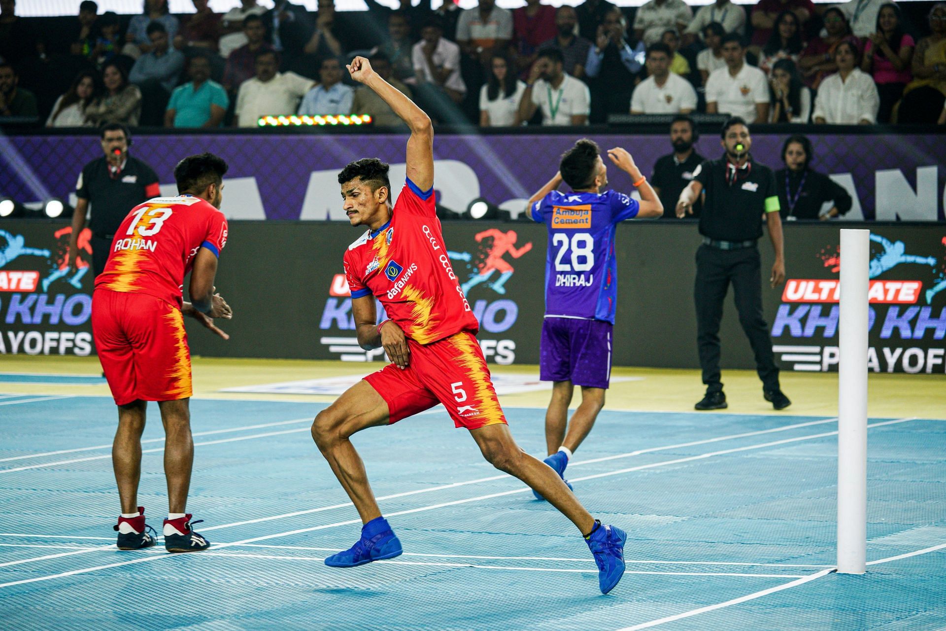 Arun Gunki of Telugu Yoddhas celebrates a point during Qualifier 2 of Ultimate Kho Kho 2022