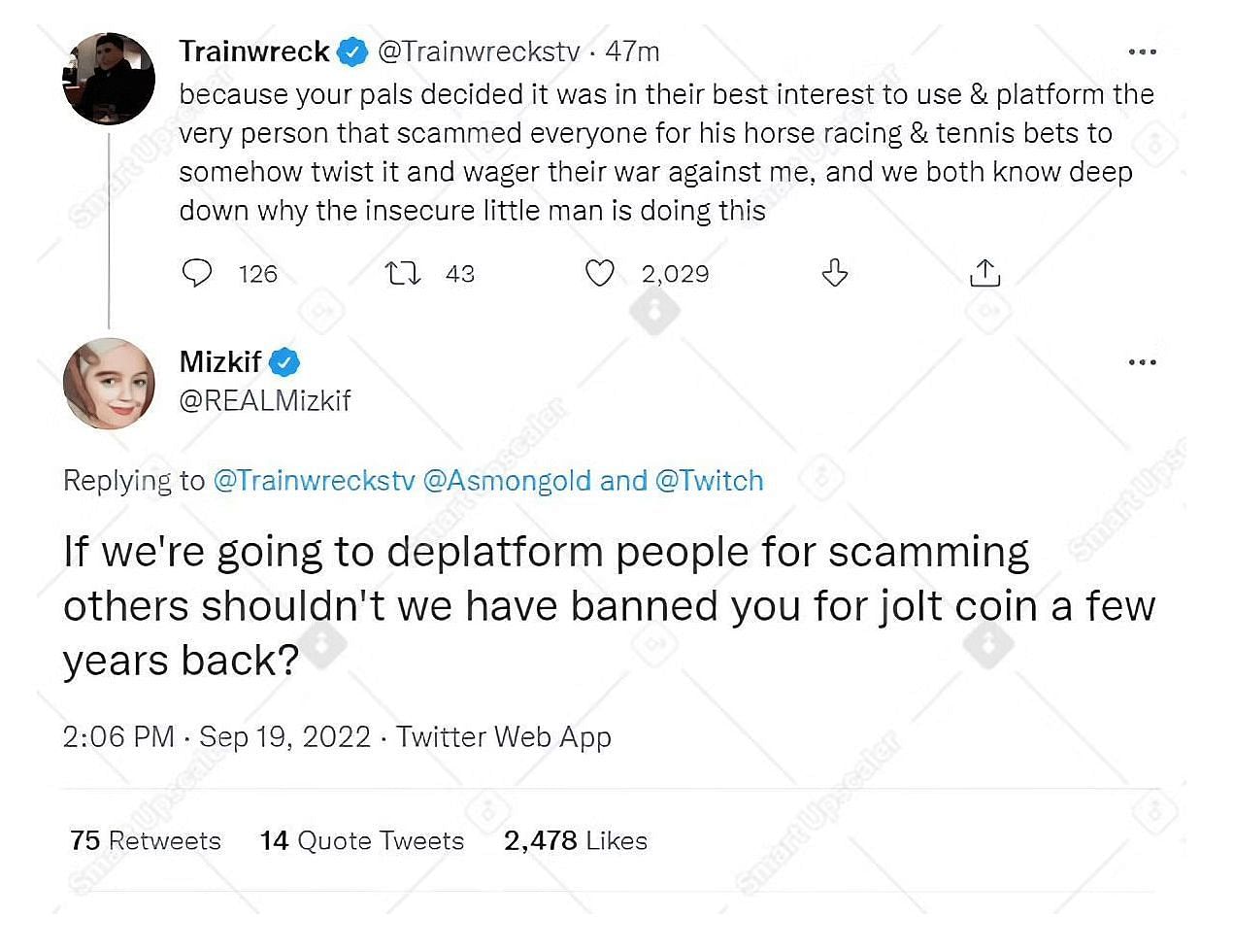Mizkif calls out Trainwreckstv and references the Joltcoin controversy (Image via Twitter)