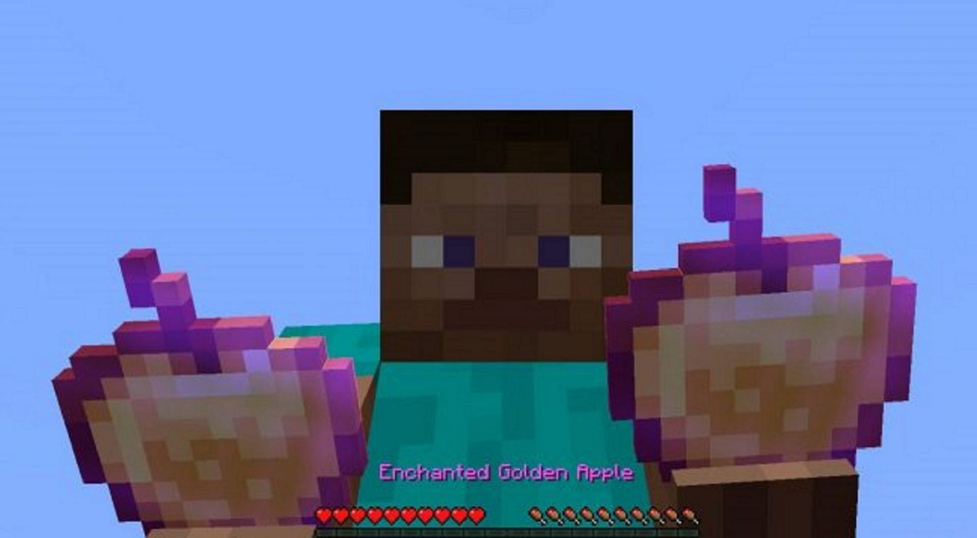 Steve holds two enchanted golden apples (Image via Mojang)