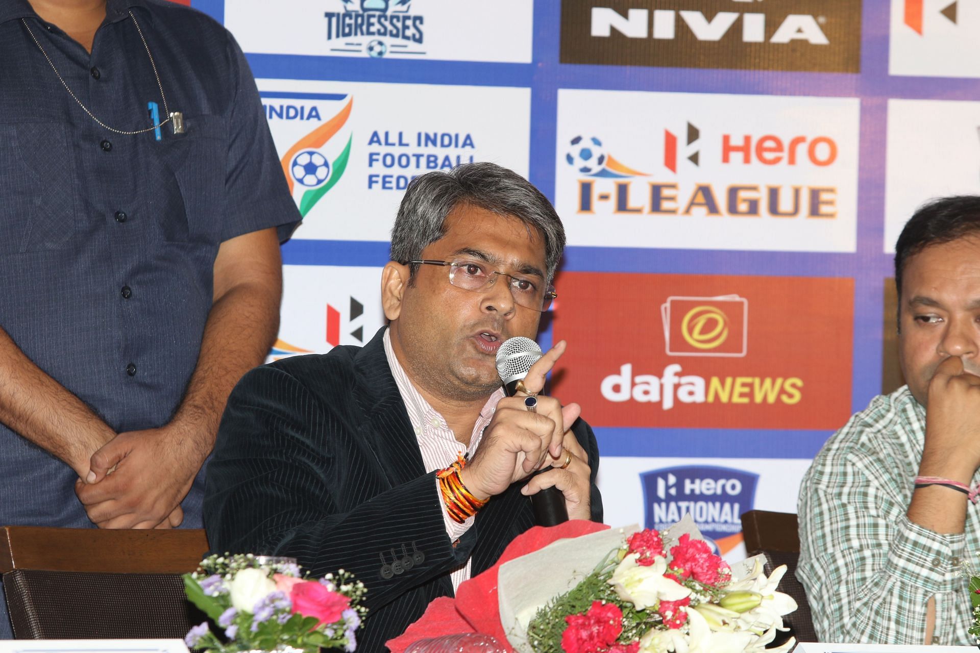 New AIFF President Kalyan addressing a press conference.