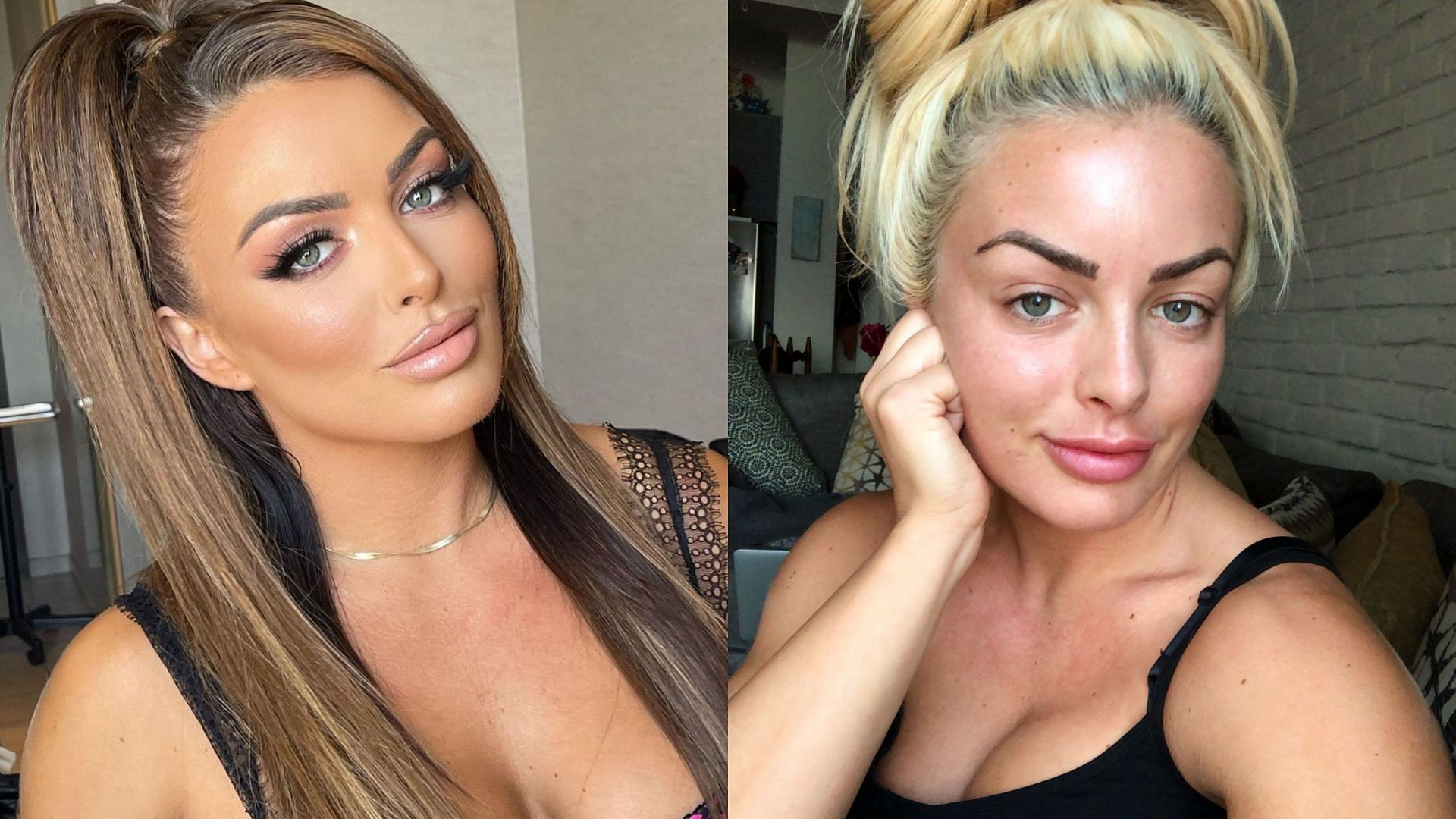Mandy Rose with makeup (left) and without makeup (right)
